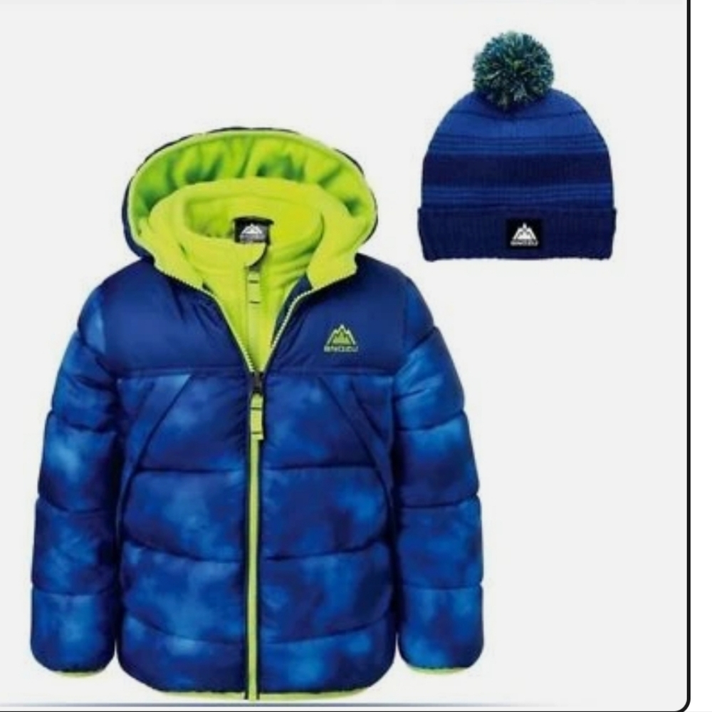 SNOZU Navy Blue/Camo/Neon Green Puffer Hooded Jacket Quilted Pockets